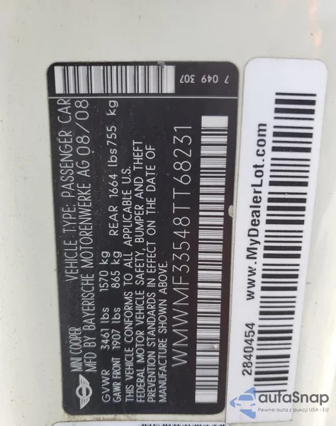 2008 Mini Cooper из США, поврежденный, VIN WMWMF33548TT68231